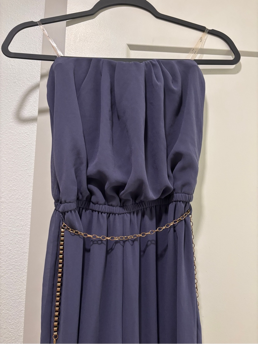 Navy Strapless Wide-Leg Jumpsuit with Gold Chain Belt - Picture 4 of 4